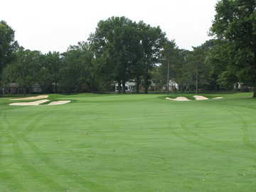 A view of the 2nd green protected by bunkers at Scarlet at Ohio State University Golf Course